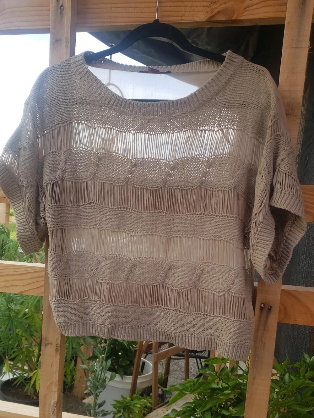 VTG Y2K Takeout Tan Drop Stitch Cable Knit Crop Sweater Top Boho Grunge Sz XL